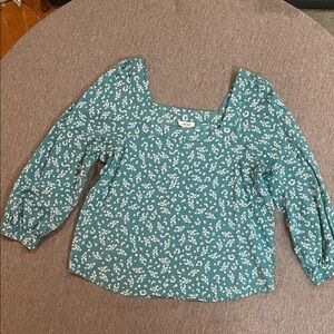 Teal Floral Blouse with Square Neckline